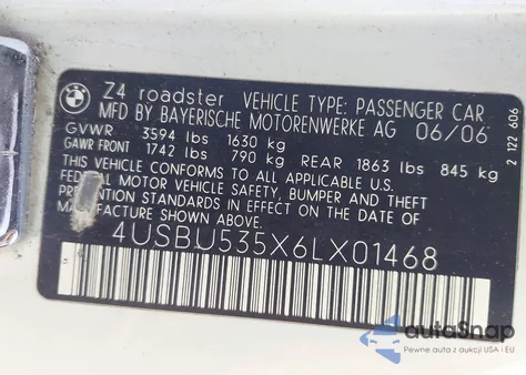 2006 BMW Z4 3.0Si из США, поврежденный, VIN 4USBU535X6LX01468